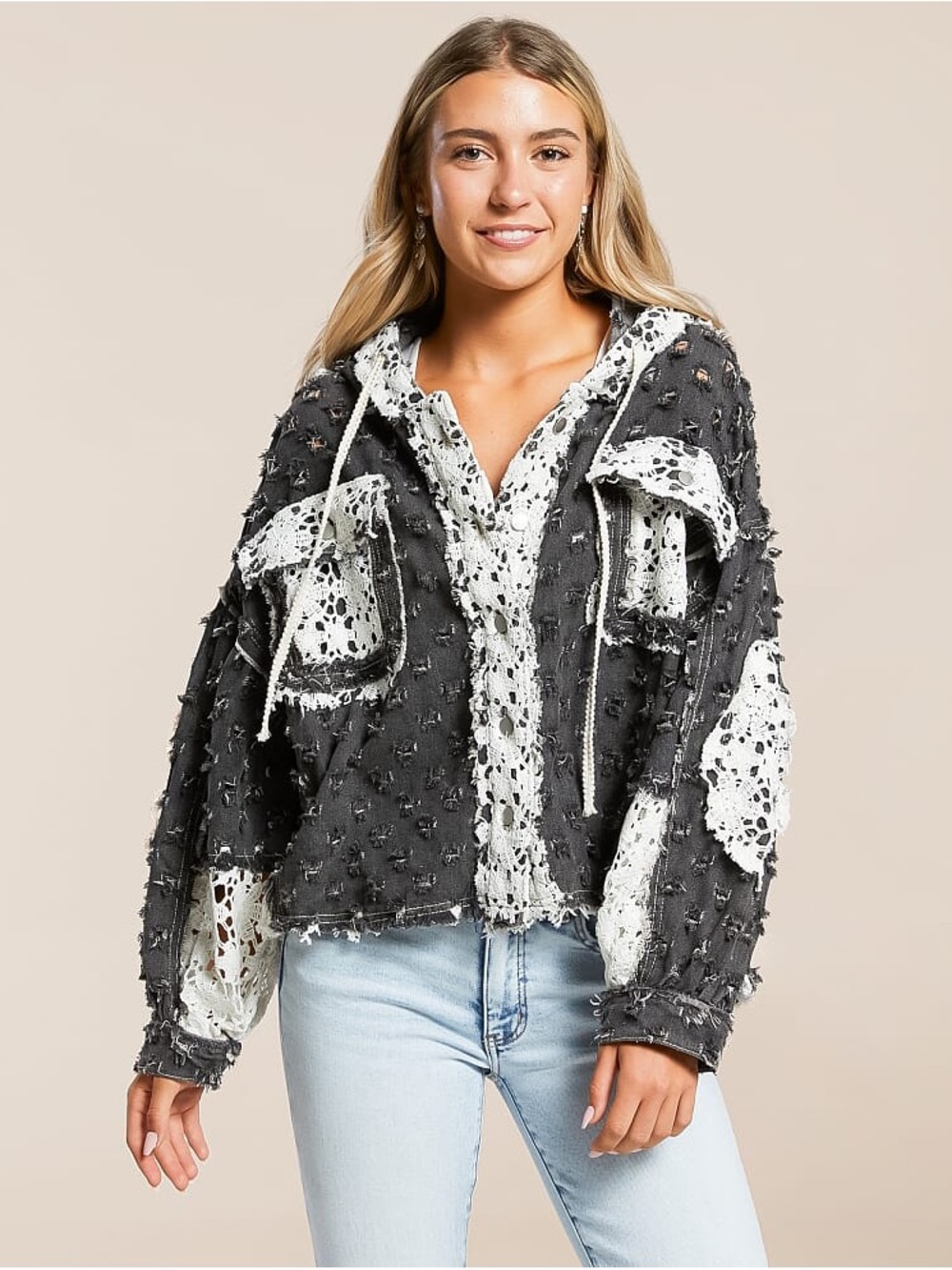 • POL Charcoal and White Distressed Swim Coverup Hoodie